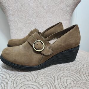 Dansko Tan Wedge Slip On Shoes with Gold Buckle